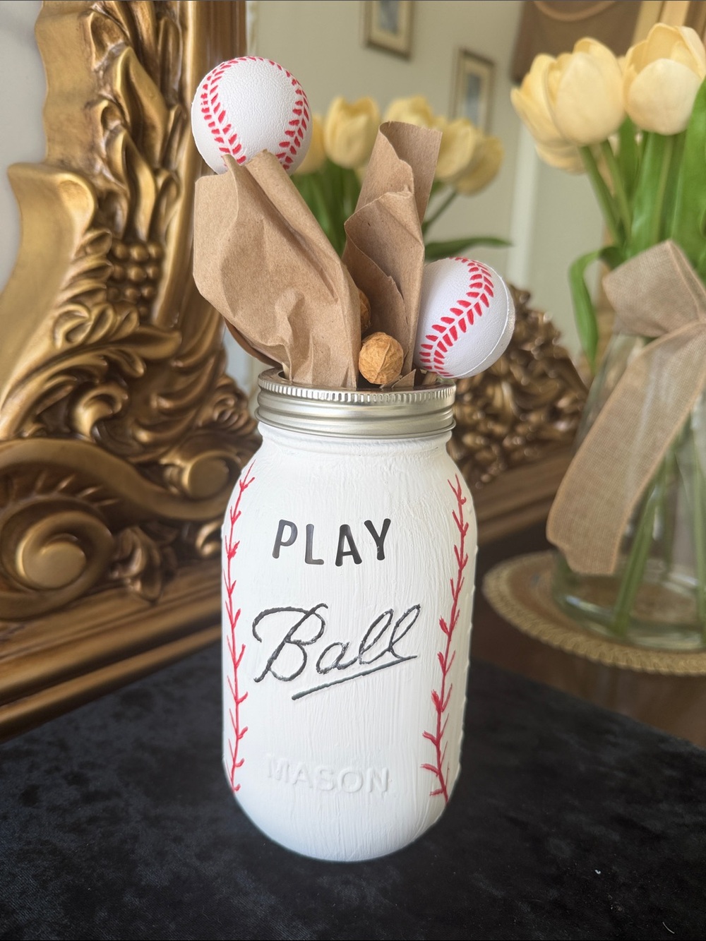 Mason White Jar with Red Baseball Stitch Accents. 10 inches high .